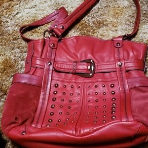 B. Makowsky Red leather handbag with brass accents